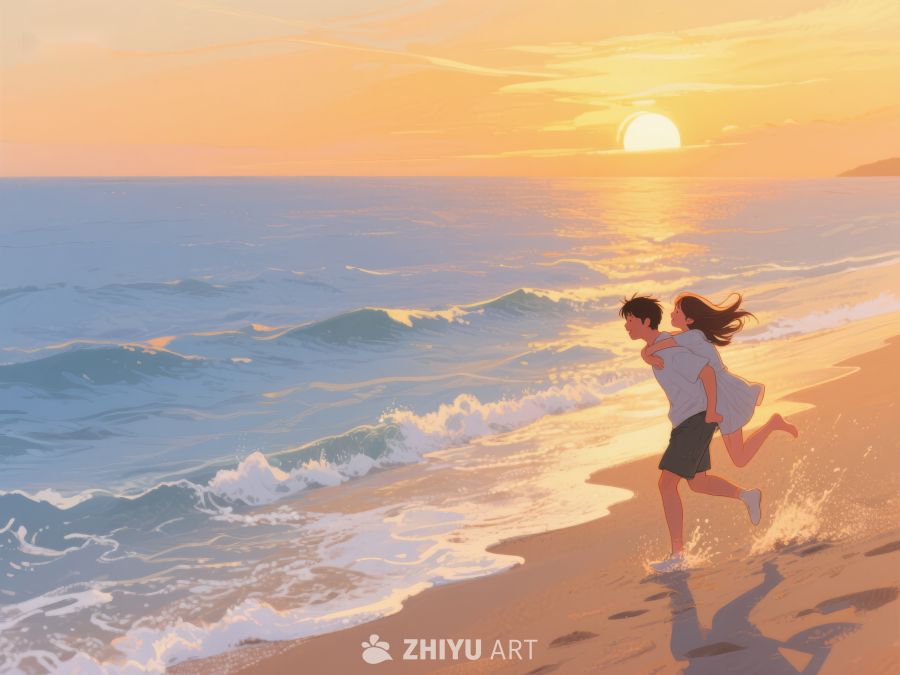 海边日落下的奔跑情侣 208