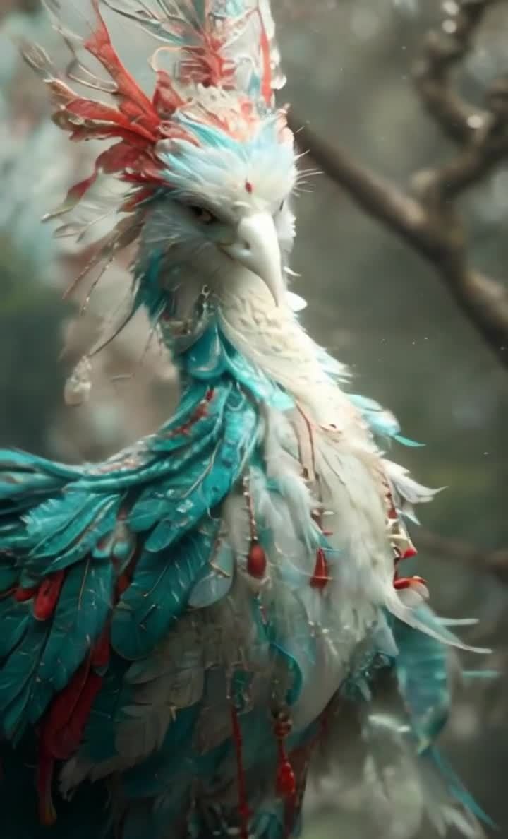 色彩绚丽的神鸟，羽毛红蓝白，仙气缭绕。