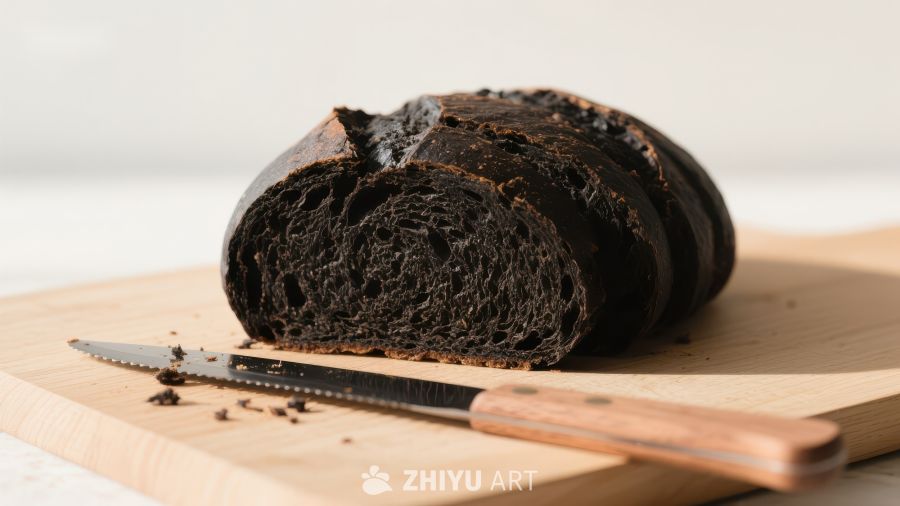 深色面包切片与刀具