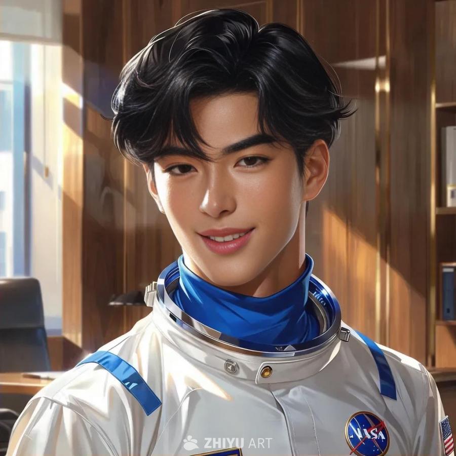 一个20多岁的黑发青年，身穿白色紧身太空服和金属蓝