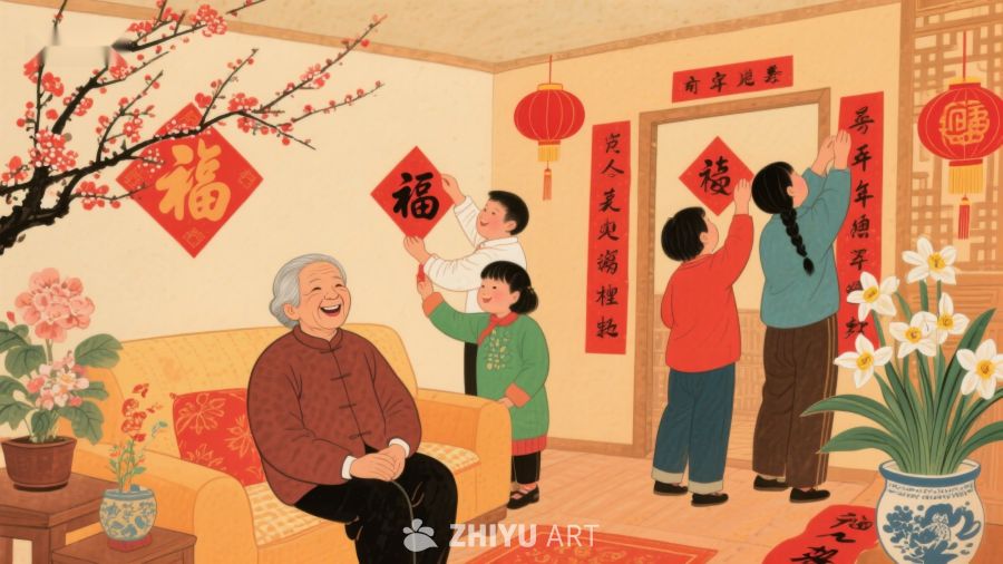 家庭共庆新春，贴福字迎新年 452