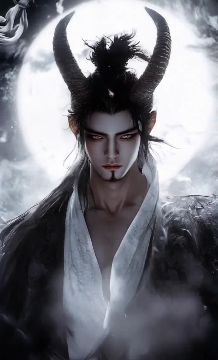 恶魔风格男子，头戴角，月光下气势凛然