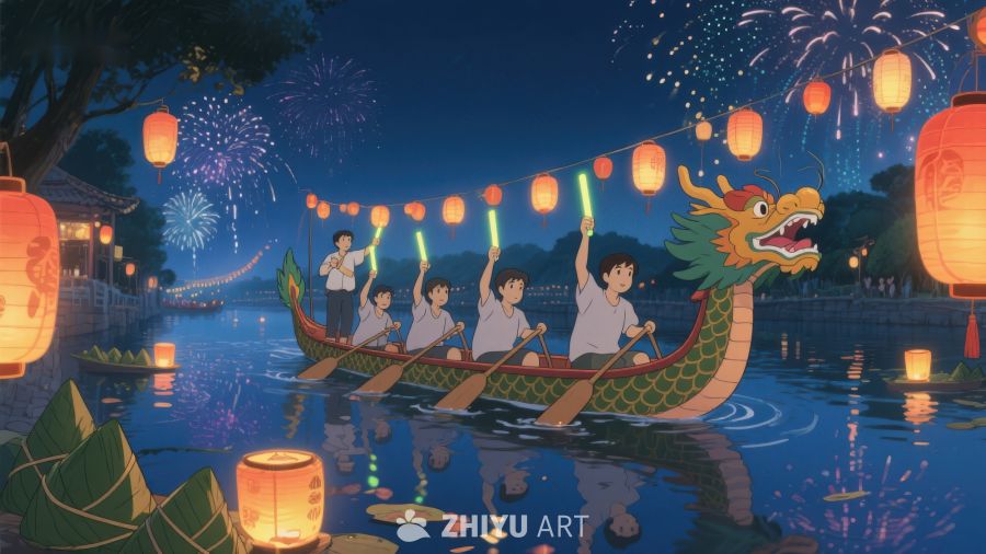 夜景龙舟赛与烟花 412