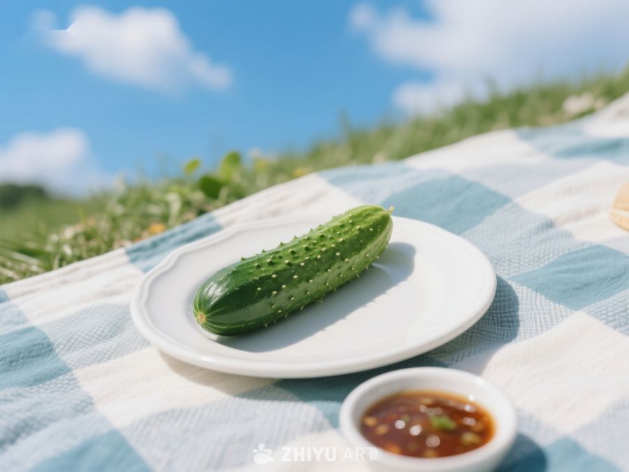 户外野餐桌上摆放的黄瓜与蘸料 183
