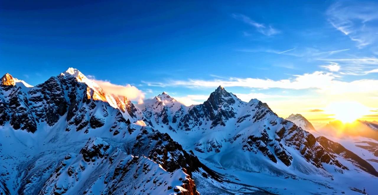 高耸的雪山在金色的阳光下闪耀，山峰轮廓清晰，积雪覆