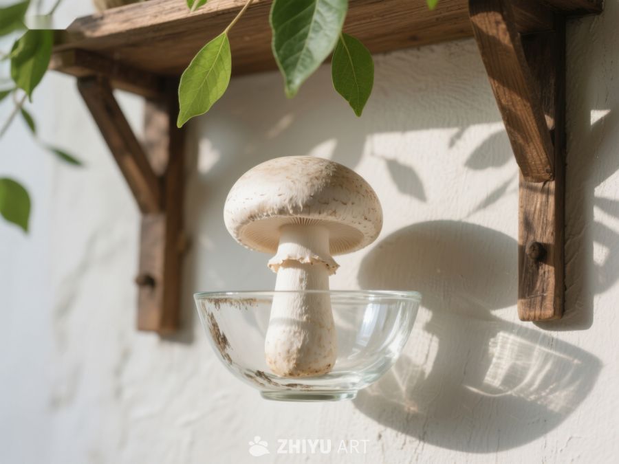 玻璃碗中的蘑菇与木质架子 13