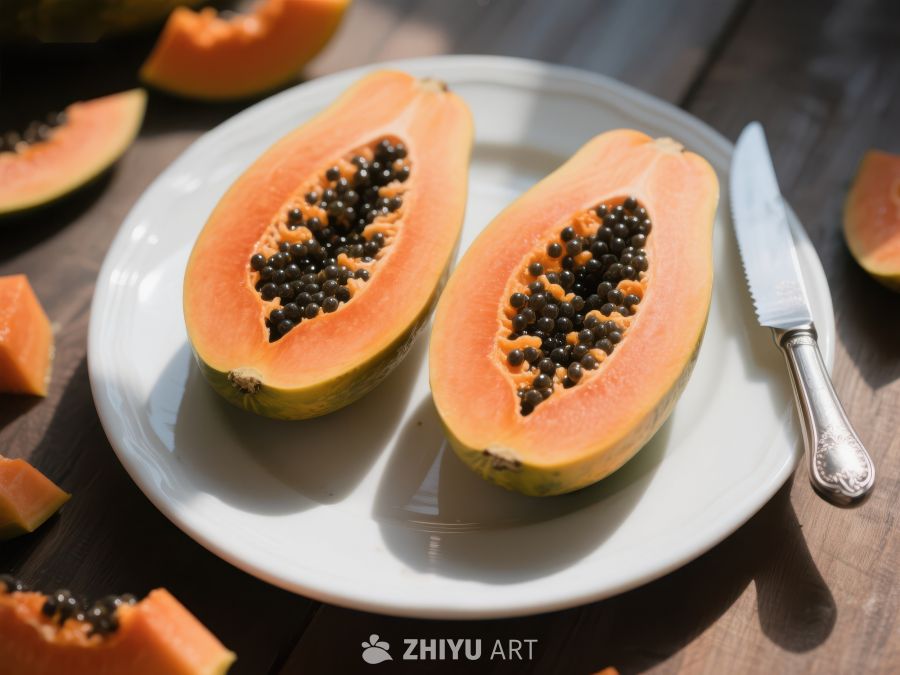 切开的木瓜，展示其种子和果肉 370