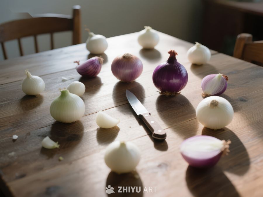 厨房桌上摆放的洋葱与刀具 139