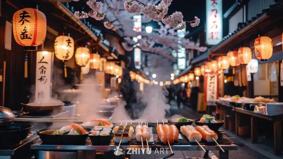 传统的日本街道上，挂着灯笼，樱花盛开。夜晚的霓虹灯