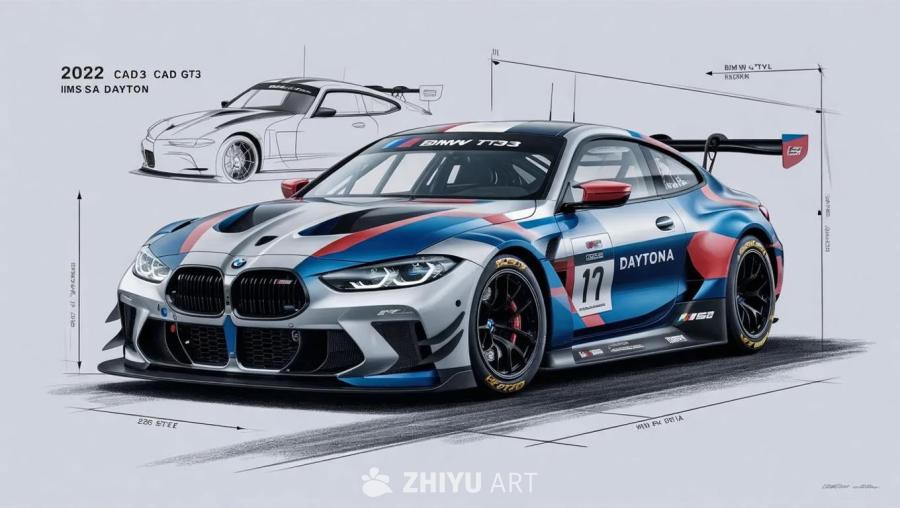 一张2022款宝马M4 GT3的蓝图，专为IMSA