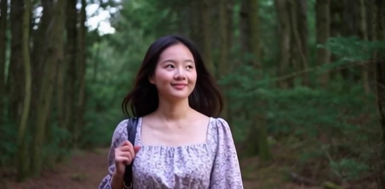 林中微笑女子，连衣裙，背着单肩包，绿树环绕。