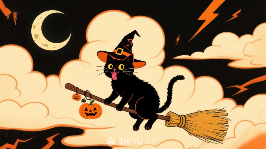 黑猫巫师骑扫帚夜空飞行