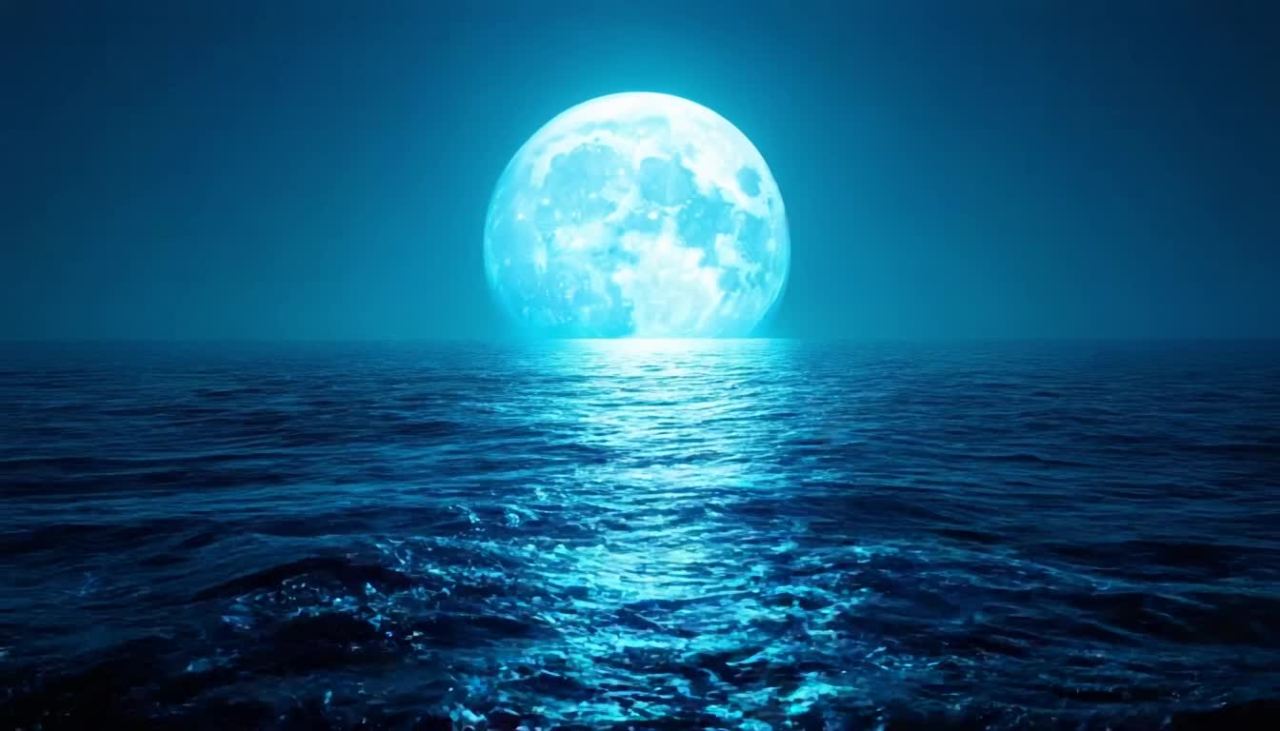 深蓝色的海面上，一轮明亮的月亮正在升起，月光洒在海