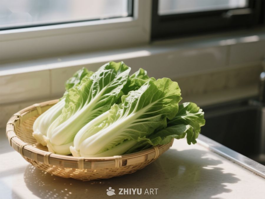 新鲜小白菜置于竹篮中 554