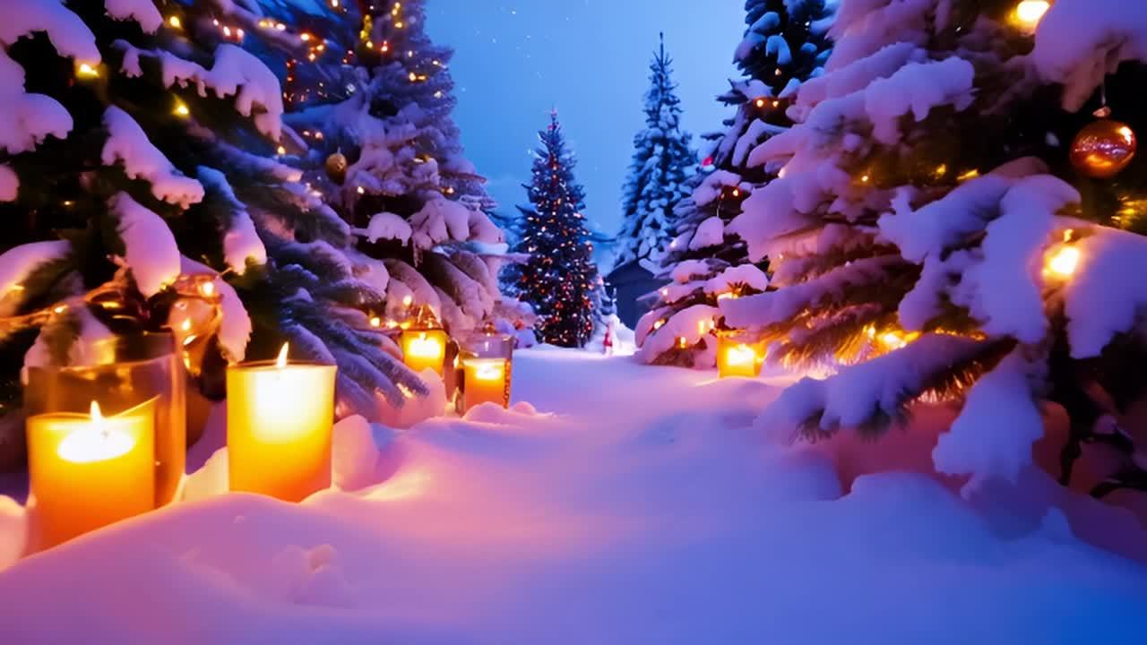 雪地里有许多蜡烛和彩灯，雪地上覆盖着积雪，周围环绕