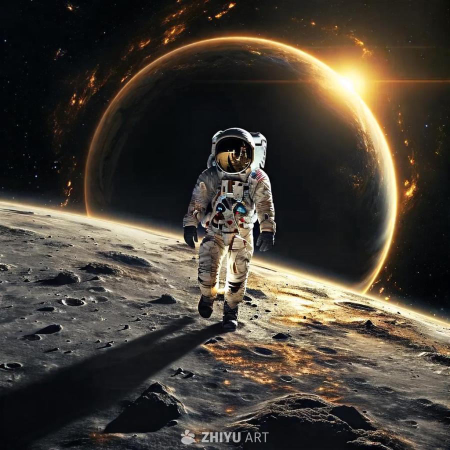 一个宇航员行走在木星上，背景天空呈现出一个黑洞。地