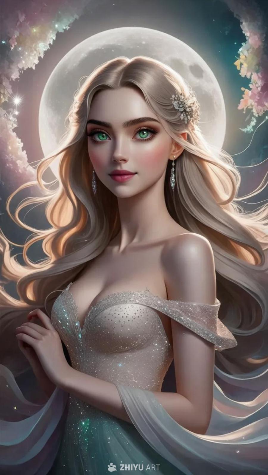 一位长发碧眼的年轻女子，佩戴着耳环和发饰，身穿闪光