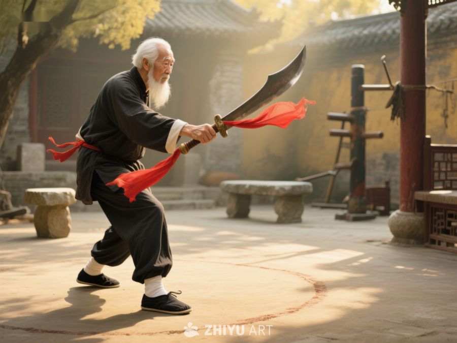 老者庭院舞剑，红绸飘扬 612