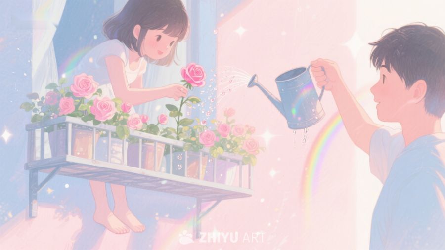 窗边浇花的温馨时刻 83