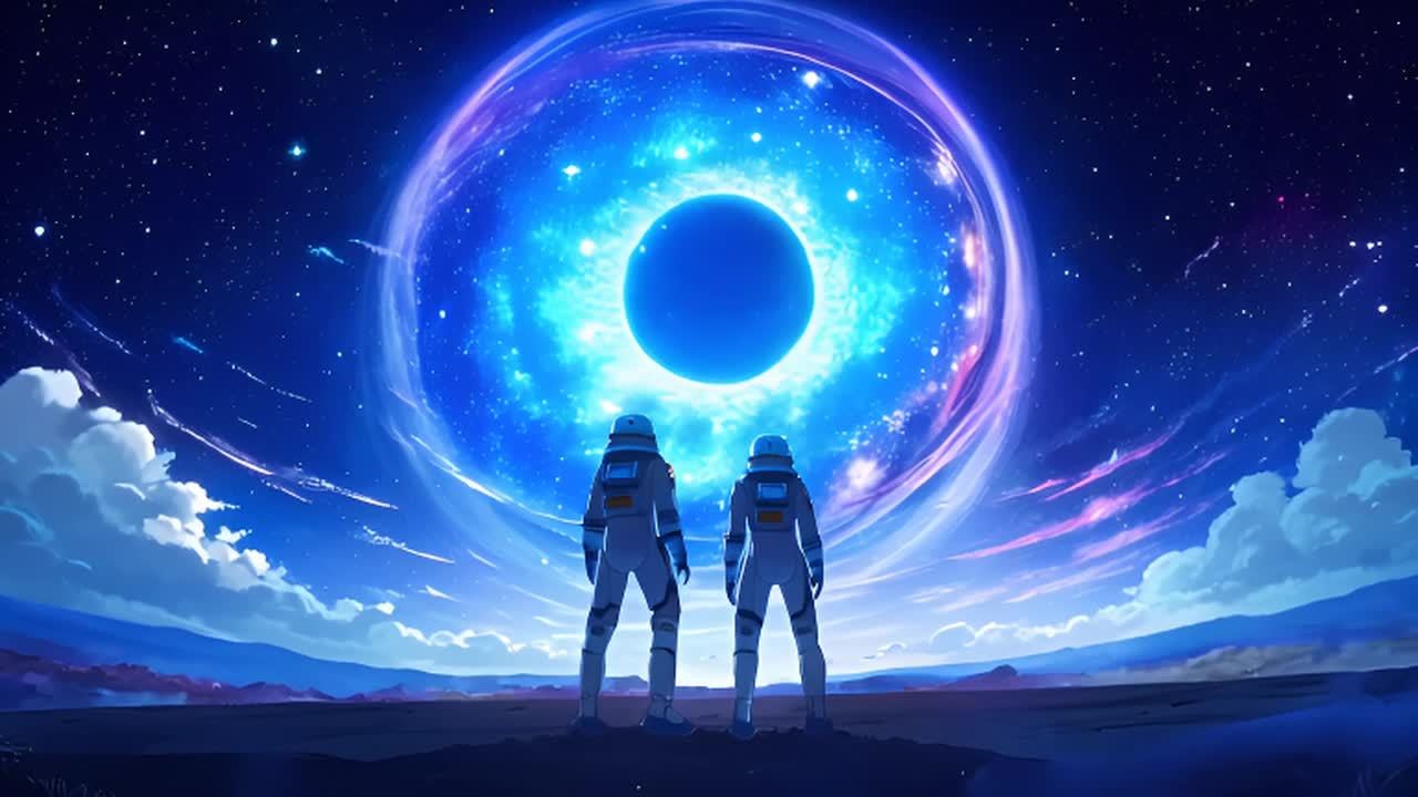 两个穿着太空服的男人抬头看着夜空中一个巨大的宇宙眼
