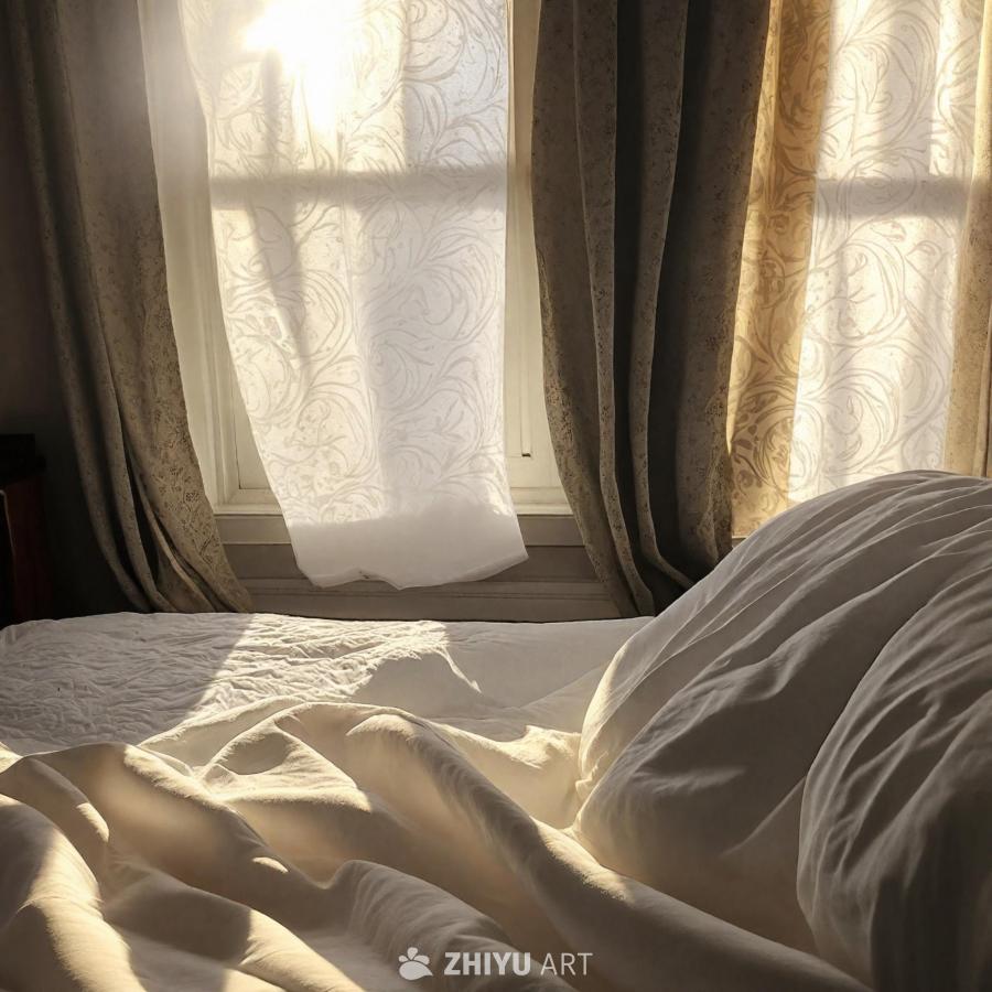一张床上铺着白色床单，阳光从窗户照射进来。窗帘是打