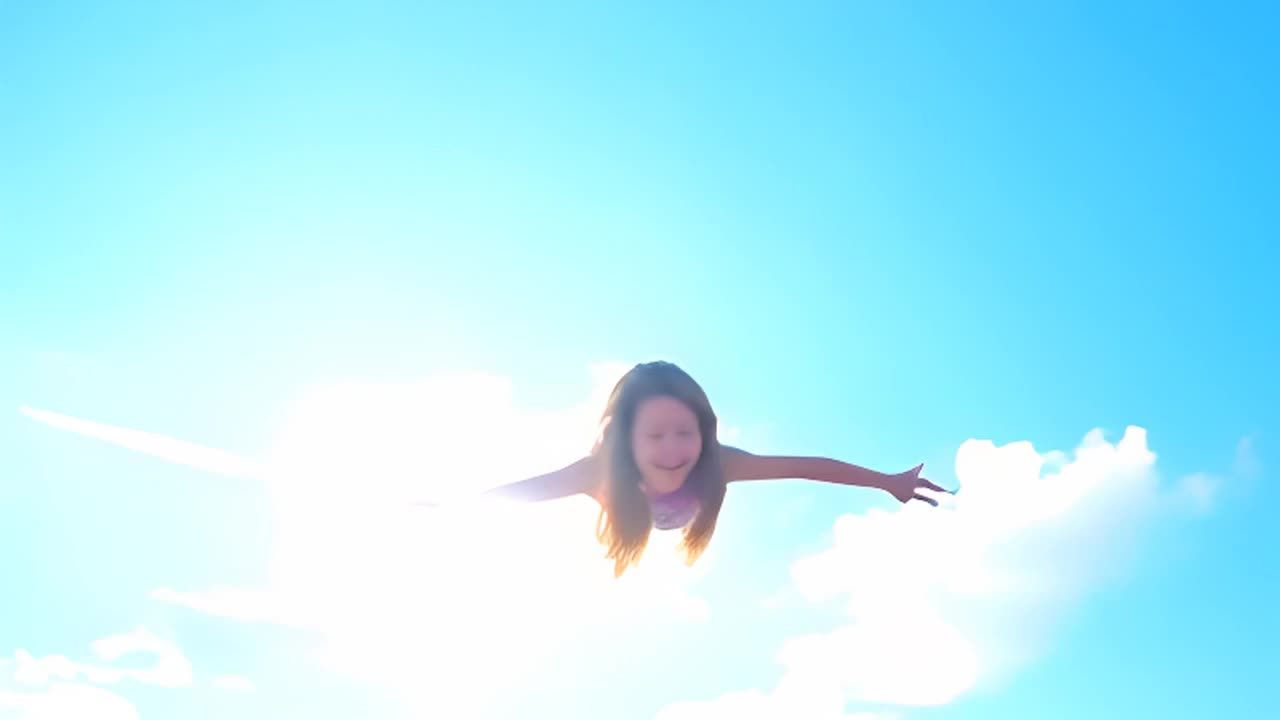 一个女孩张开双臂，在晴朗的蓝色天空下，白色的云朵旁