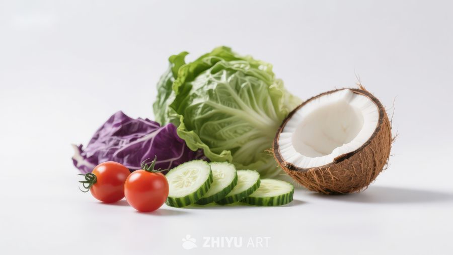 新鲜蔬菜与椰子静物展示