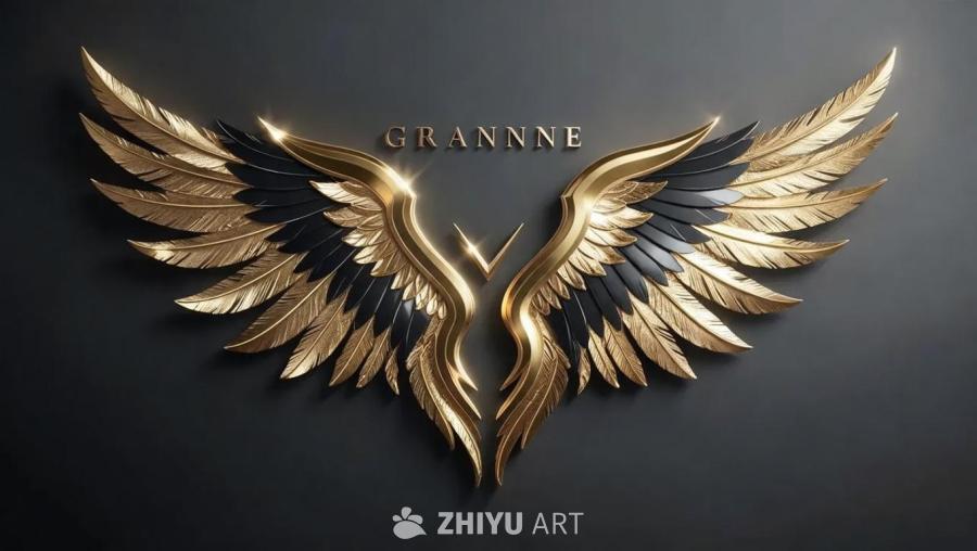 图像中心呈现一对对称展开的翅膀，由金属金色和深黑色