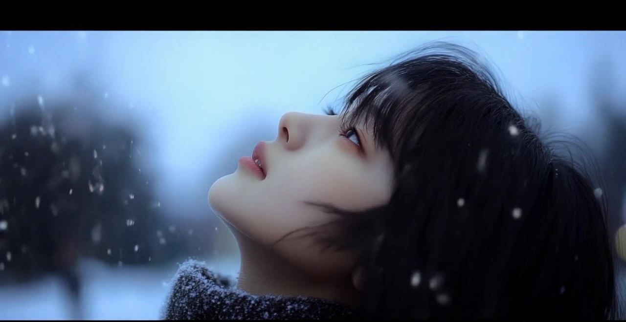 雪中仰望的亚裔女子特写，温柔又细腻。