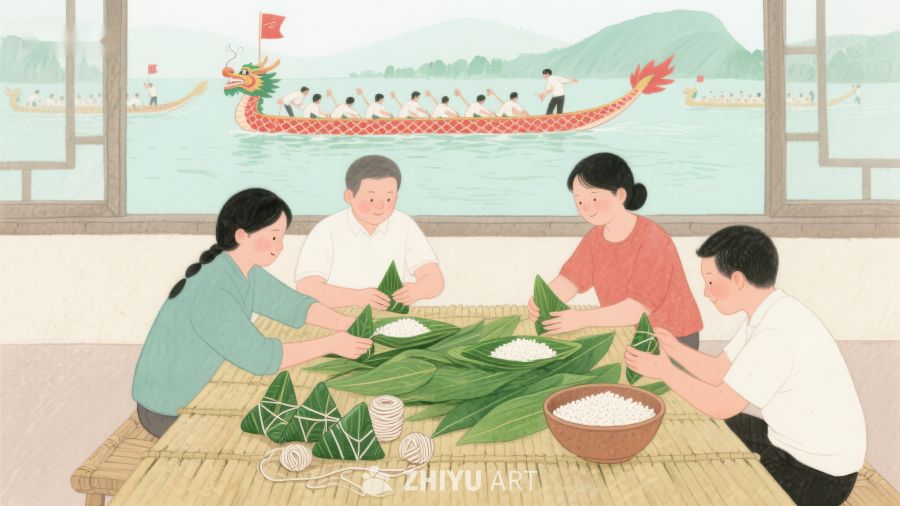 家人包粽子，窗外龙舟竞渡 188