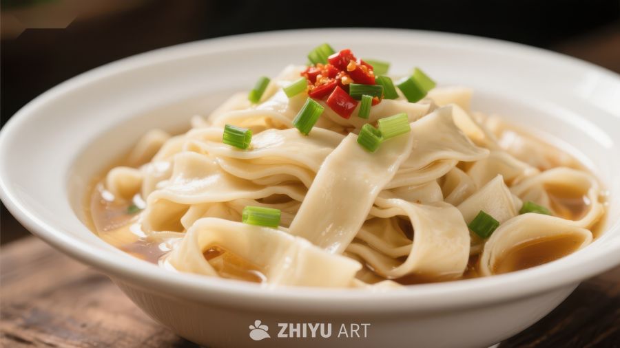 热腾腾的面条配以辣椒和香菜