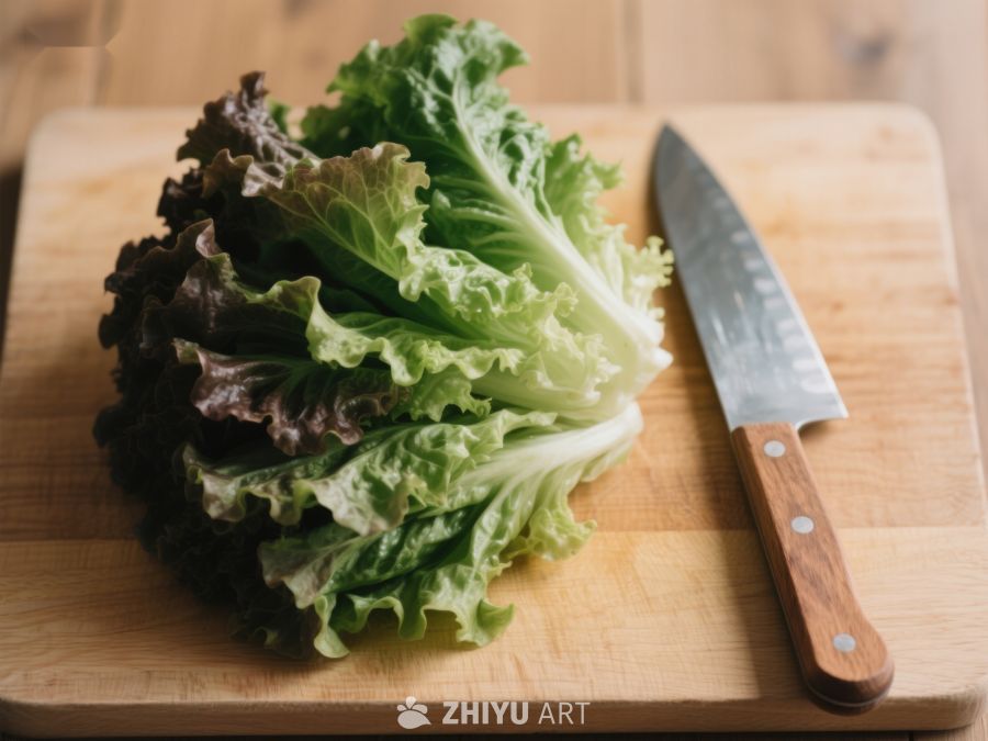生菜与刀具置于木制砧板上 317