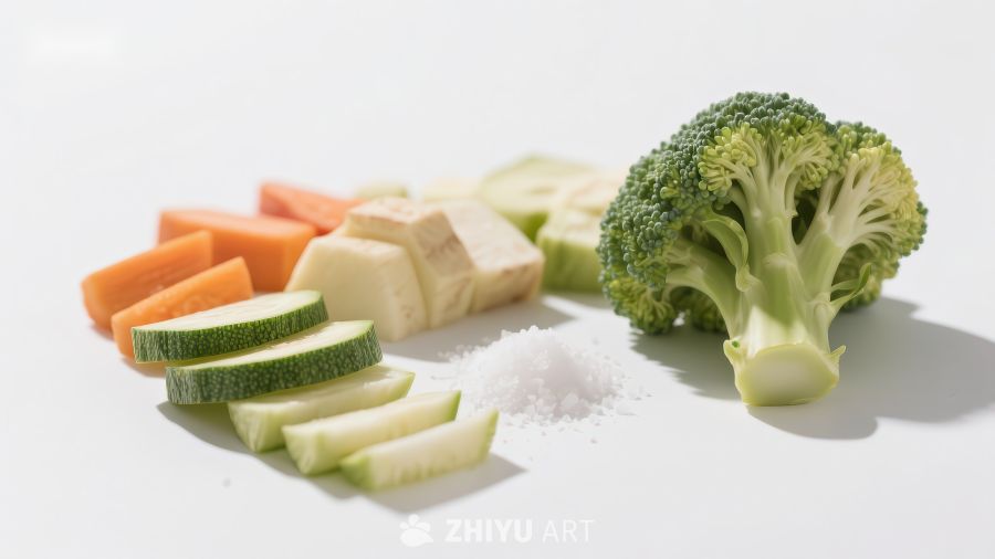 新鲜蔬菜切块与盐粒