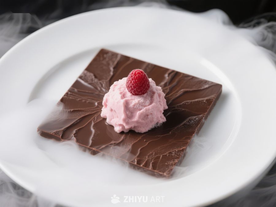 巧克力板上的覆盆子奶油甜点
