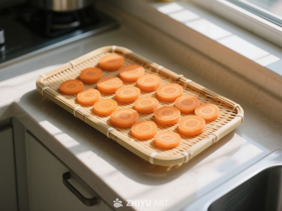 竹篮中的胡萝卜片在阳光下晾晒 612