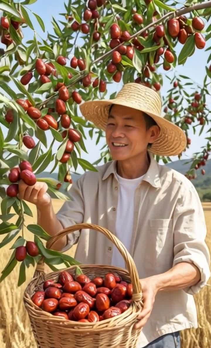 一个戴着草帽的男人正在果树下采摘红色的果实。他穿着