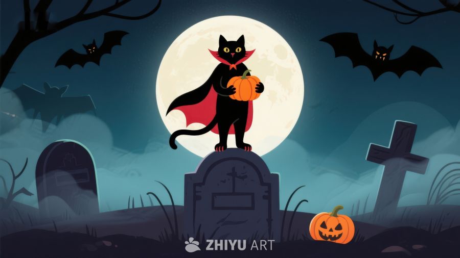 万圣夜猫怪捧南瓜