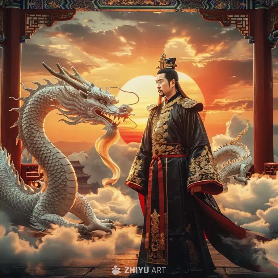 一名身穿黑色龙袍的中国皇帝站在云层之上。他旁边有一