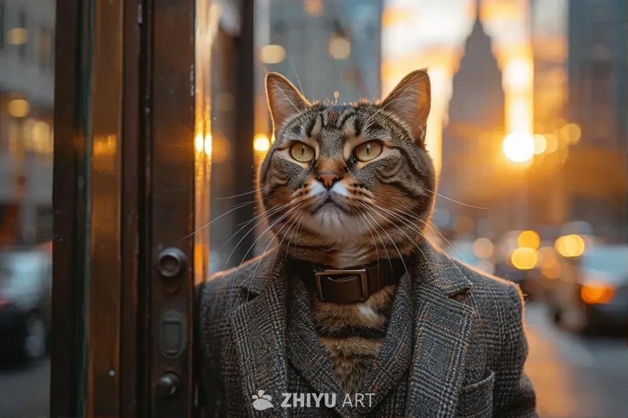 一只穿着格子西装，脖子上戴着项圈的猫站在一扇门边。
