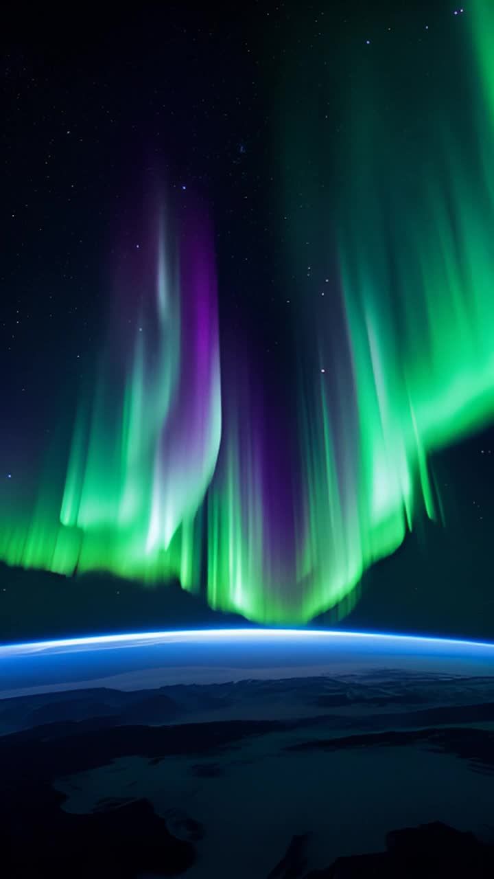 夜空中，绿色和紫色的极光在闪烁舞动，下方是地球的蓝