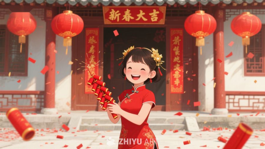 新春佳节，女孩手持鞭炮欢庆 1006