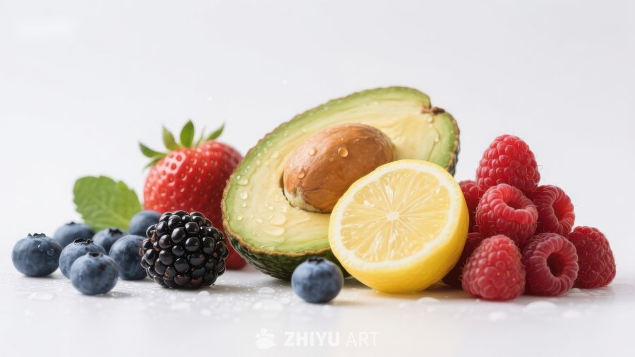 新鲜水果组合：草莓、蓝莓、柠檬与牛油果