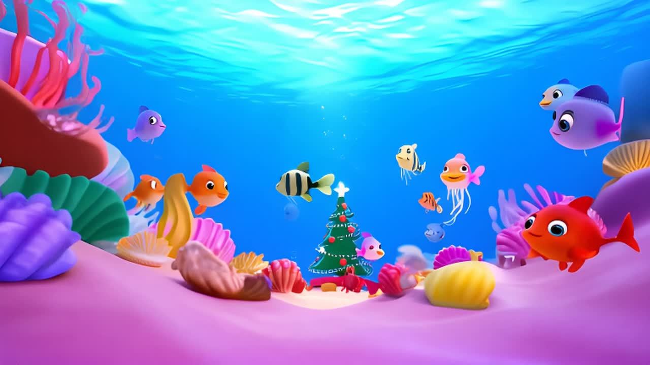 一个水下场景，有许多可爱的海洋生物。彩色鱼、奇特的