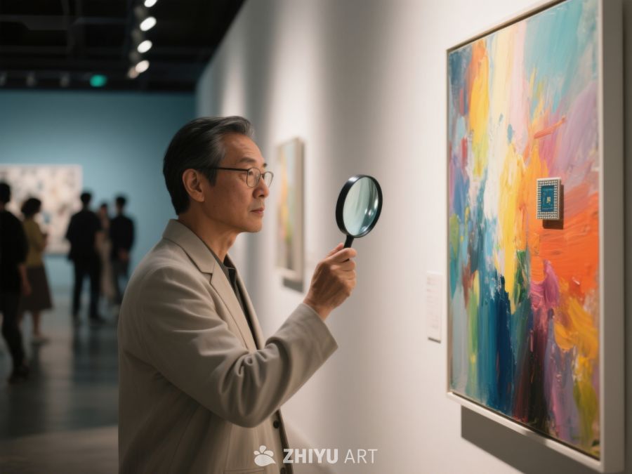 男子用放大镜观赏抽象画作 264