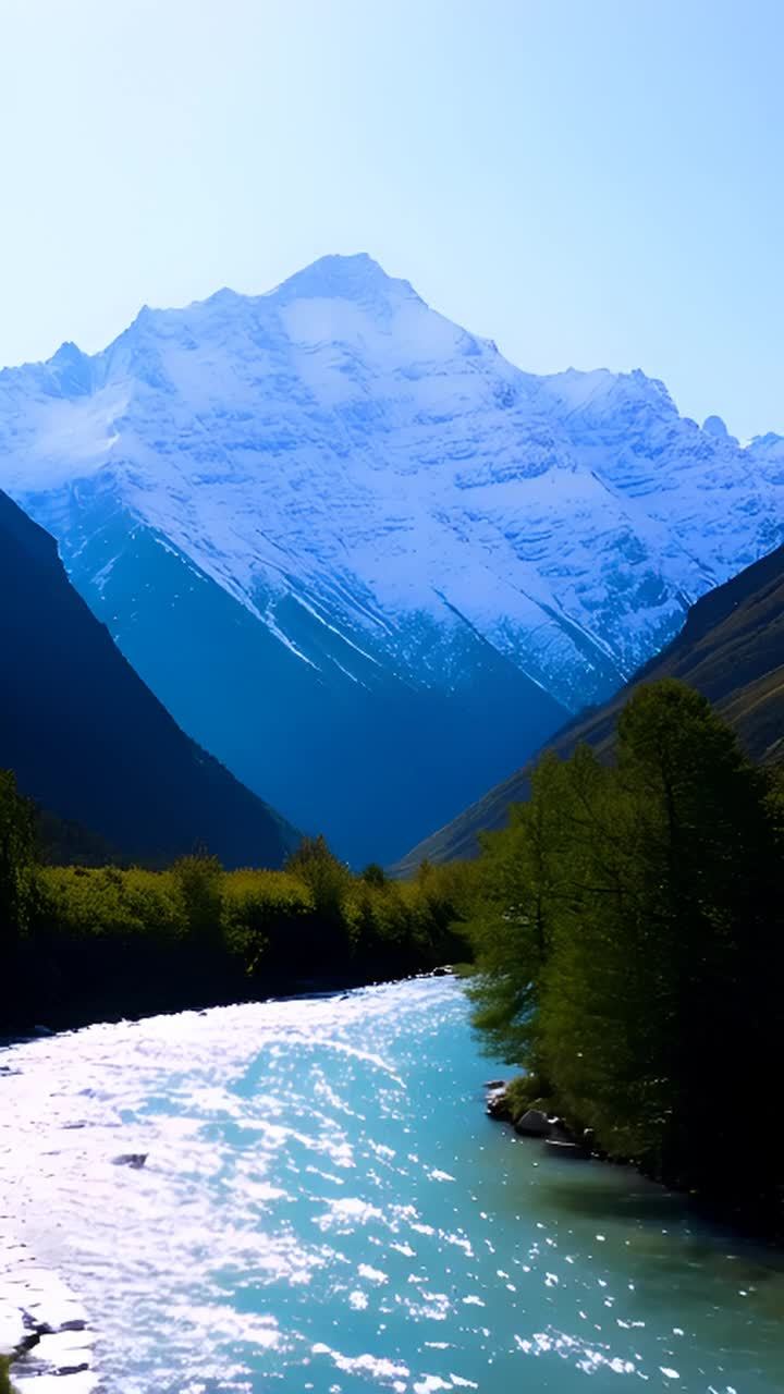 画面中有雪山，山顶覆盖着白雪。山脚下是深色的山谷，