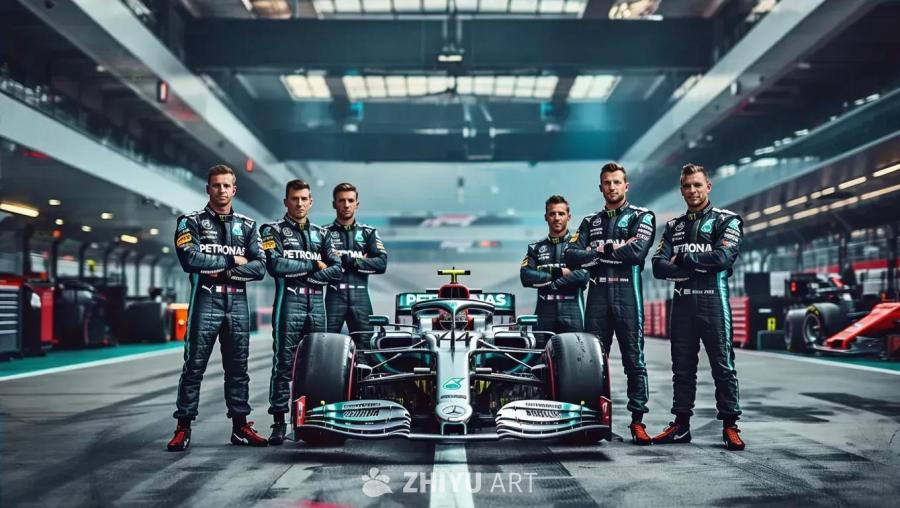 六个身穿黑色赛车服，胸前印有“PETRONAS”字