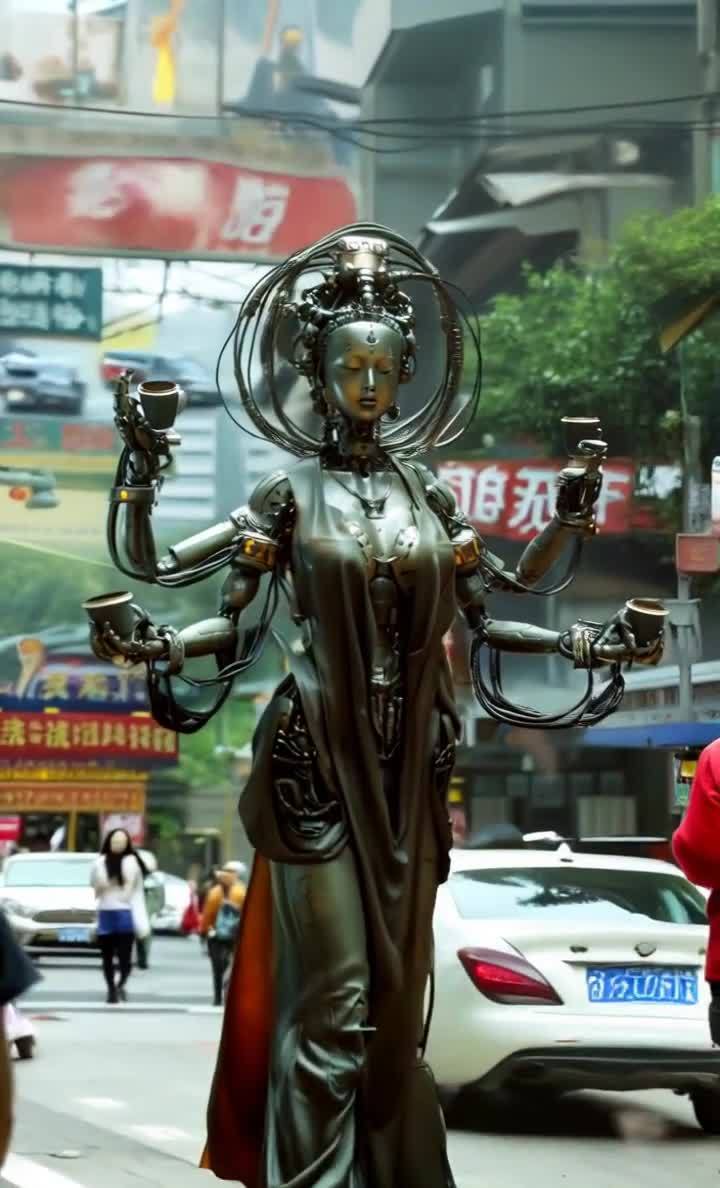 一尊机械女神雕像伫立在街道上，雕像拥有多只手臂，每