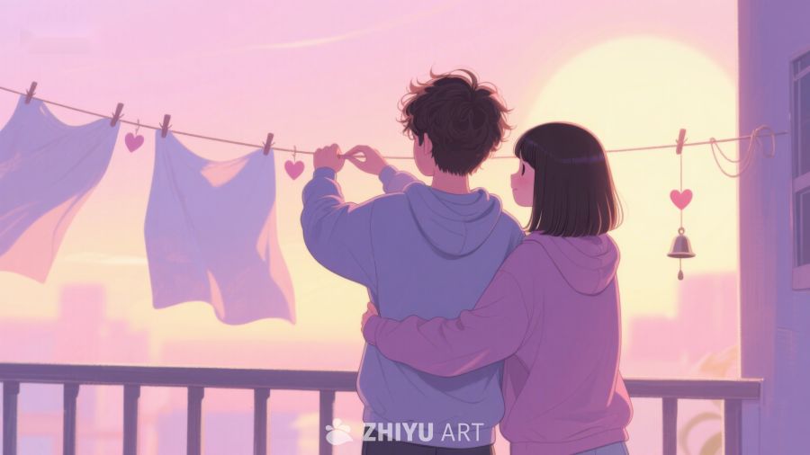 情侣阳台晾衣，夕阳相伴温馨时刻 261