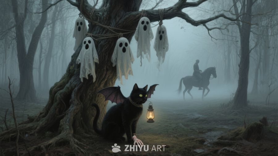 幽灵森林中的黑猫与骑马人