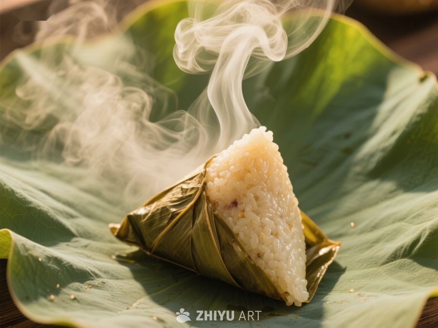 热气腾腾的粽子置于荷叶之上 950